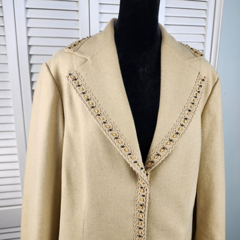 VTG Nine West Tweed Trench Coat XL Tan Crochet Beaded Tailored